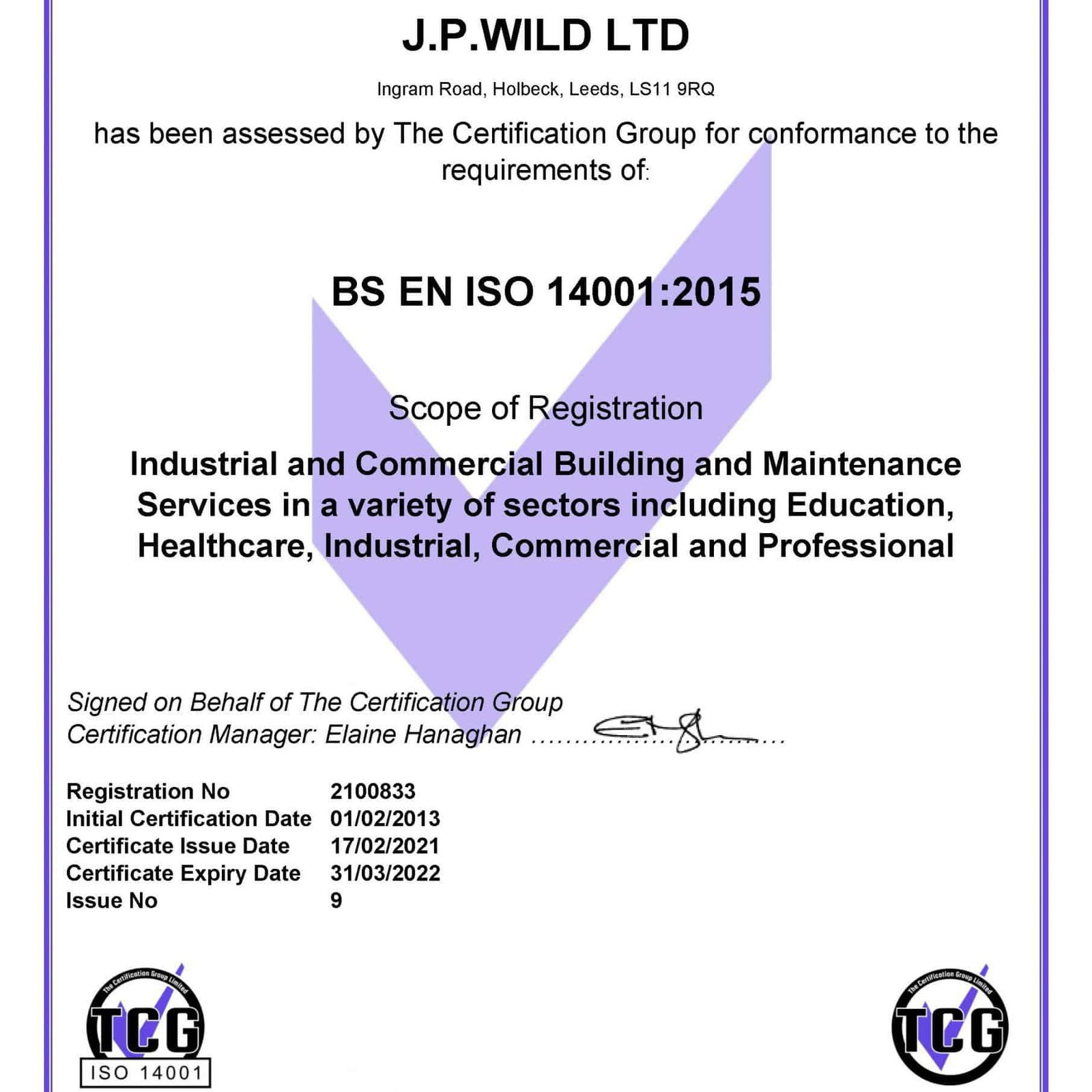 ISO 14001 2015 Certificate - J.P.WILD LTD (17022021)